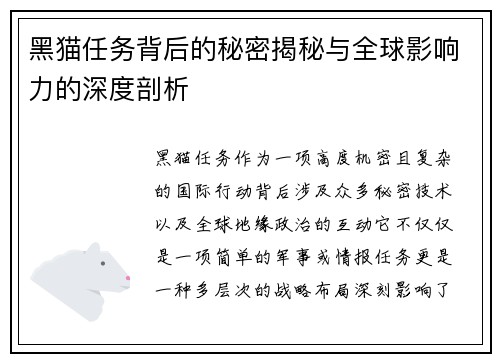 黑猫任务背后的秘密揭秘与全球影响力的深度剖析